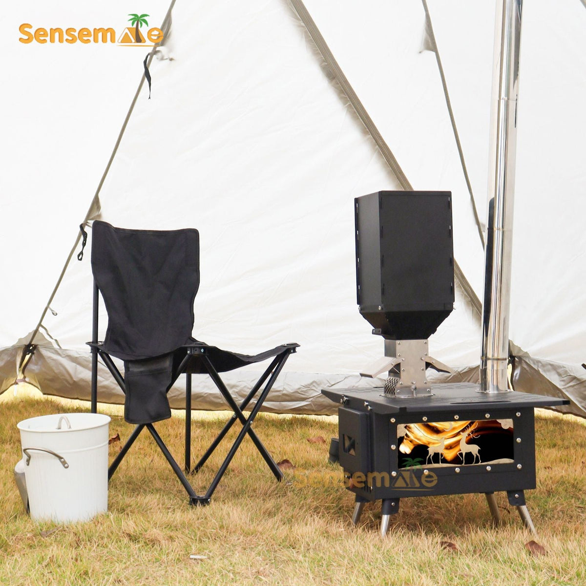 Hot Tent Wood Burning Stove Folding Stainless Steel 5-Section Chimney Outdoor Camping Wood Heater with Cooking Wing Panels