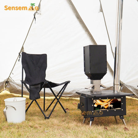 Hot Tent Wood Burning Stove Folding Stainless Steel 5-Section Chimney Outdoor Camping Wood Heater with Cooking Wing Panels