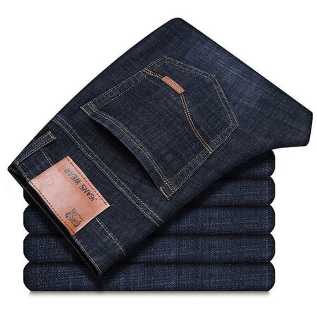 2025 Autumn Classic Men's Fitted Stretch Jeans Business Casual Cotton Denim Straight Leg Pants Male Black Blue Trousers