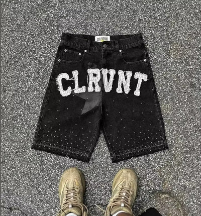 Empyre new gray denim skateboard shorts cartoon embroidery design loose jeans wide leg pants hip hop street Y2K couple pants