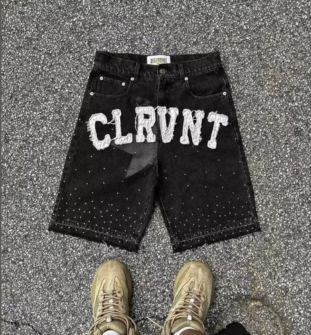 Empyre new gray denim skateboard shorts cartoon embroidery design loose jeans wide leg pants hip hop street Y2K couple pants