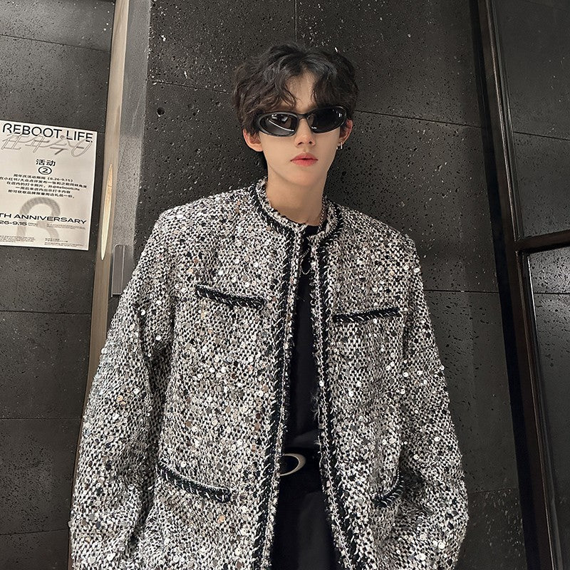 Korean Fashion Shiny Sequin Jacket Sliver Round Collar Long Sleeve Jackets Coats Autumn New Ladies Gentleman High Street