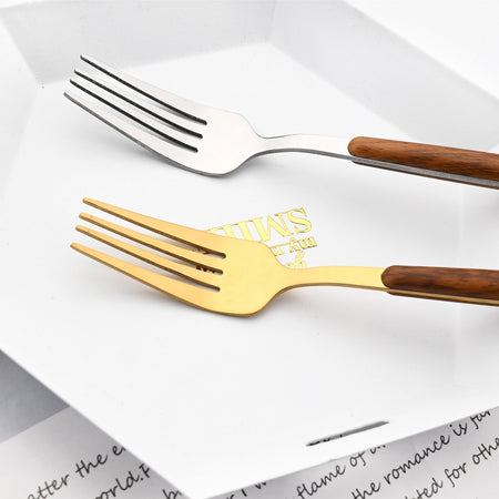 Drmfiy 24Pcs Brown Silver Dinnerware Stainless Steel Imitation Wooden Handle Silverware Knife Spoon Fork Cutlery Set Tableware