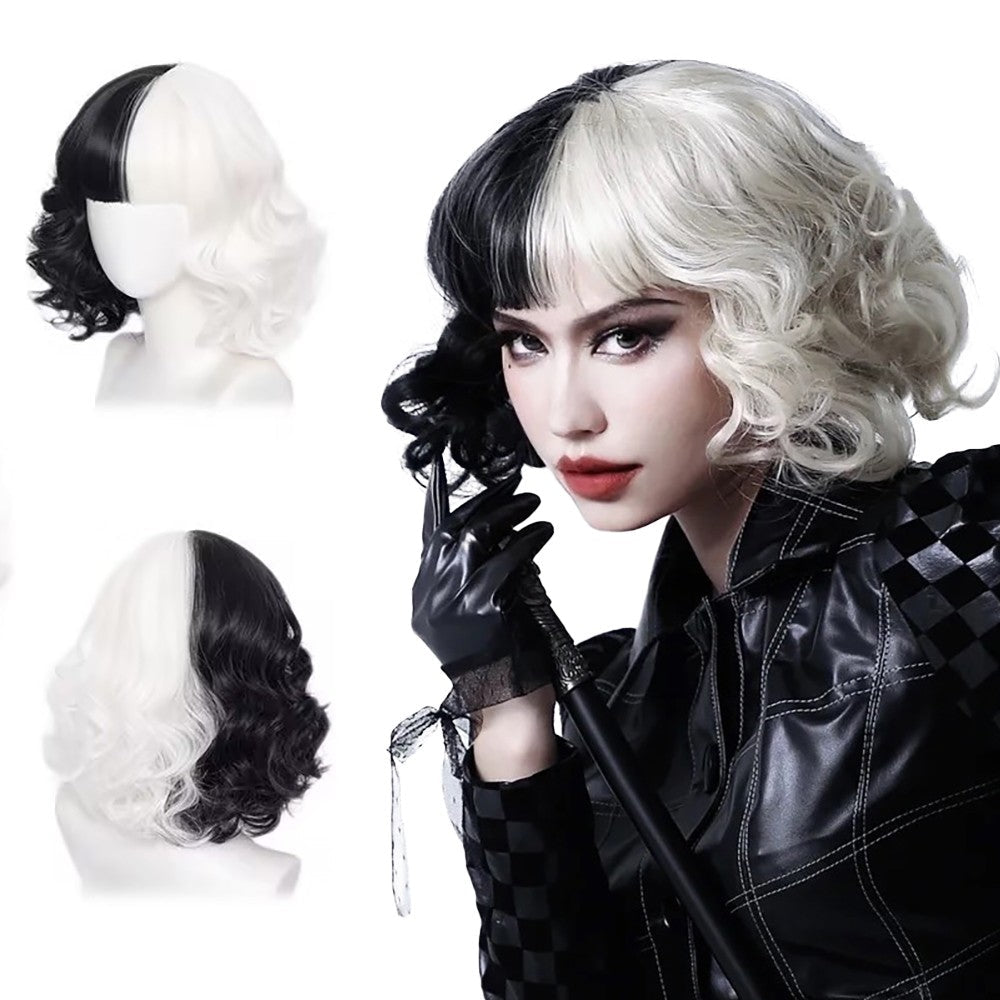 Half-Black And Half-White Cruella Cosplay Synthetic Hair 12-Inch Short Curly Hair Halloween Daily Party With Bangs Wig