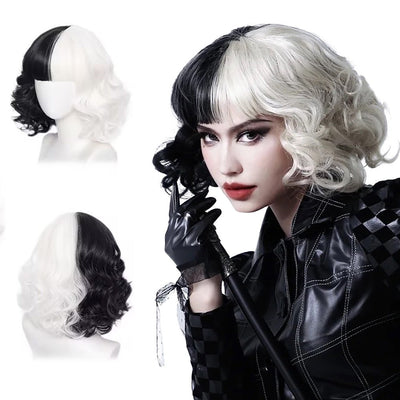 Half-Black And Half-White Cruella Cosplay Synthetic Hair 12-Inch Short Curly Hair Halloween Daily Party With Bangs Wig