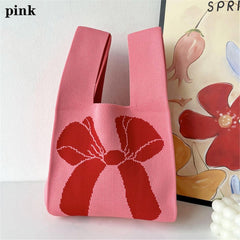 Black White Knit Handbag Handmade Tote Bag Reusable Shopping Bags Women Girls Casual Knot Wrist Bag Outdoor Storage Bag 12Colors