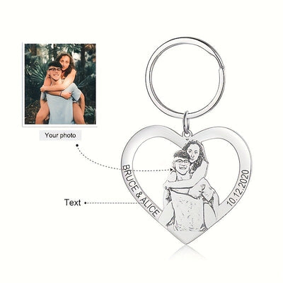 ?Customized Product?Personalized Stainless Steel Heart-Shaped Keychain - Customizable with family and couple photos, text, and date - Valentine's Day/Christmas gift - A memorable keepsake gift for family, couples, and pets