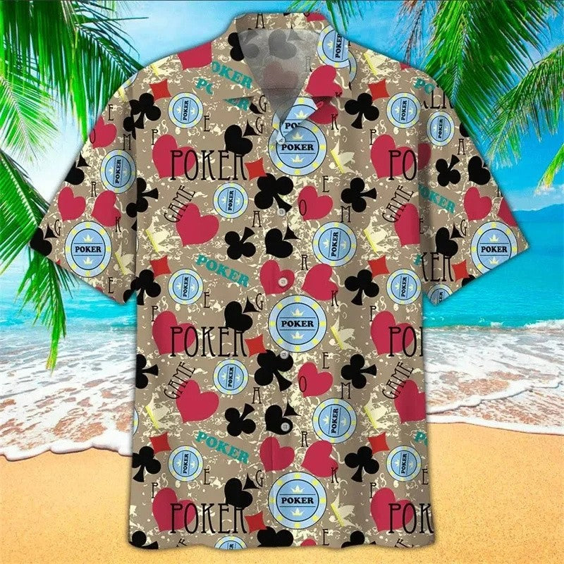 Casino Poker Dice Pattern Beach Shirt For Men Money 3D Printed Hawaiian Shirts Holiday Short Sleeve Lapel Top Loose Women Blouse