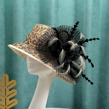 Double hemp yarn pattern design feather accessories big brim sun hat elegant banquet hat wedding beach vacation equestrian hat