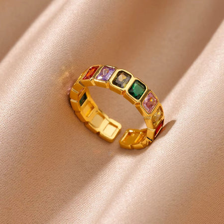 Luxury Stainless Steel Rings Gold Plated Colorful Stone Zircon Crystal Heart Ring For Women Wedding Boho Jewelry Christmas Gift