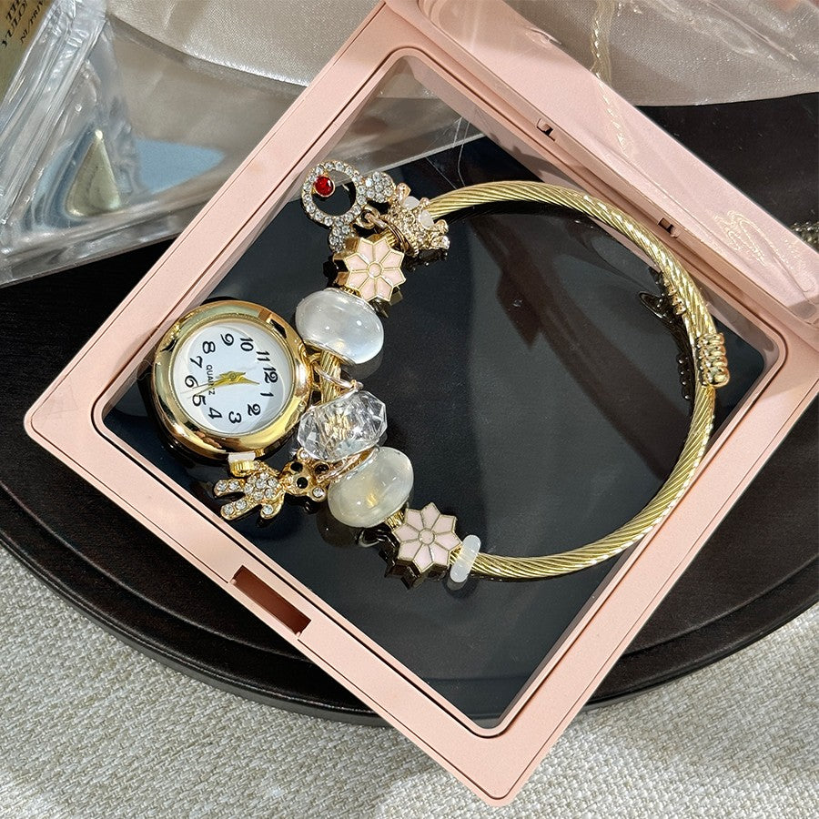 Cross-border Gold Bracelet Watch Adjustable opening Alloy bracelet Quartz Watch Beaded Small flower bracelet Watch