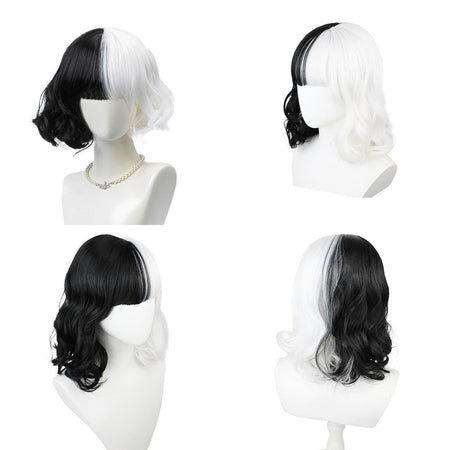 Half-Black And Half-White Cruella Cosplay Synthetic Hair 12-Inch Short Curly Hair Halloween Daily Party With Bangs Wig