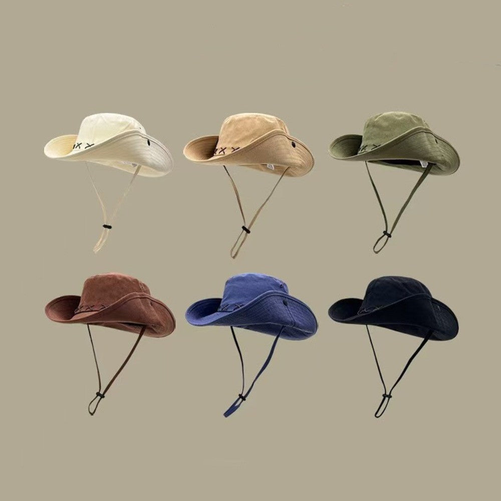 Breathable Western Cowboy Hat Adjustable Retro Wide Brim Sun Hat Mountaineering Anti UV Fisherman Sunshade Cap Unisex