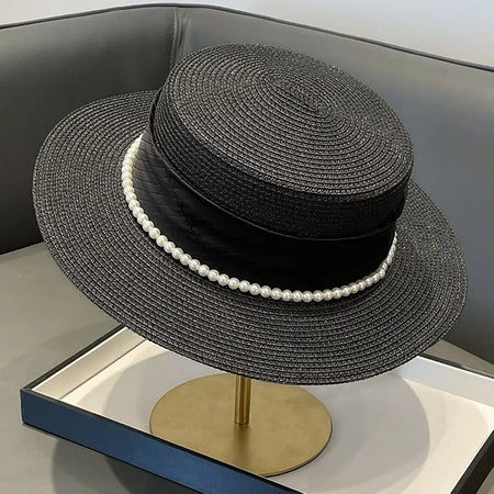 2025 Summer Elegant Pearl Chain Flat Sun Hats for Women Chapeau Feminino Straw Hat Panama Wide Brim Anti-UV Beach Cap Girl Topee