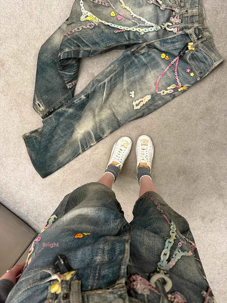 American High Street 3D Digital Print Candy Chain Weathered Knife Straight Leg Casual Jeans for Men And Women