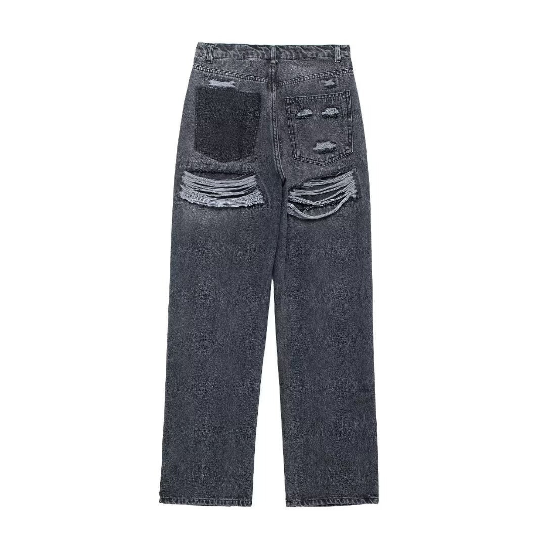 HH 2024 Women's Street Fashion Denim Blue Jeans Distressed Patchwork High Waist Zipper Fly Ripped Retro Long Pants