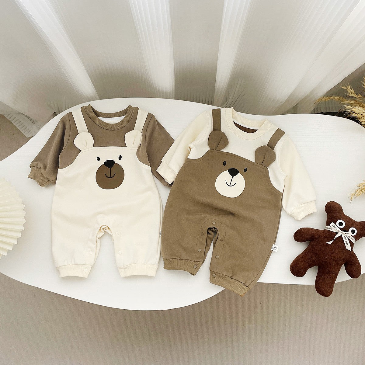 Autumn Baby Bodysuit Little Bear Pattern Dual Color Long Sleeve Warm Jumpsuit Baby Clothes Baby Boys Girls Romper 0-2 Years Old