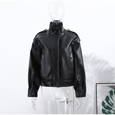 Street Stand Collar Women's Leather Jacket Loose Long Sleeve Zipper Pockets Chic Female Coats 2025 Autumn Winter Lady Outerwear