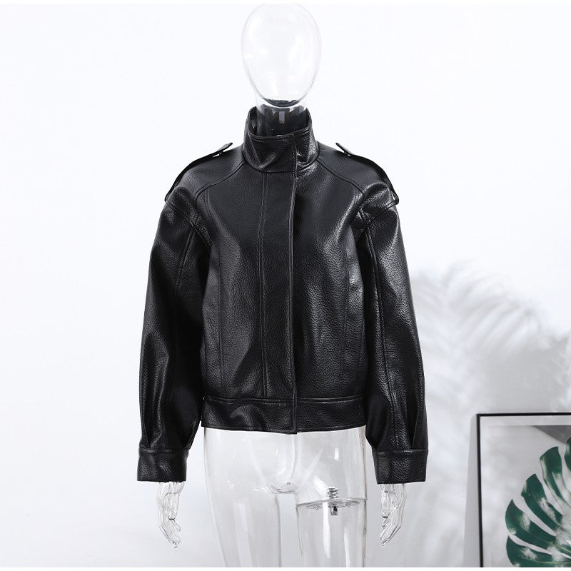 Street Stand Collar Women's Leather Jacket Loose Long Sleeve Zipper Pockets Chic Female Coats 2025 Autumn Winter Lady Outerwear