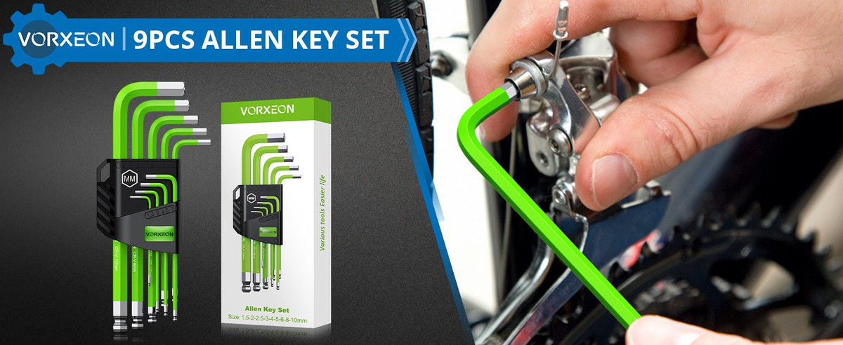 9 PCS Green Allen Wrench Hex Key Set 1.5-10 mm Metric Flat and Ball End Chrome Vanadium Steel and S2 Steel L-key For DIY Repair