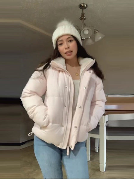 Pink Women's Jacket With Hat Zipper Pockets Inner Faux Fur Solid Female Jackets 2025 Autumn Winter Fashion Chic Lady Outwears