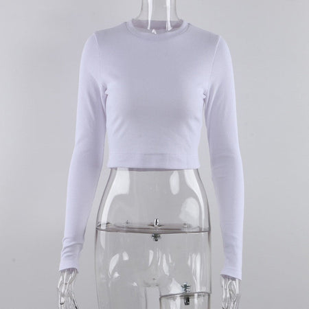 O Neck Long Sleeve Shirt Women Ribbed Sexy Cropped Tops 2024 Spring Black Casual Skinny Slim Basic Woman T Shirts White
