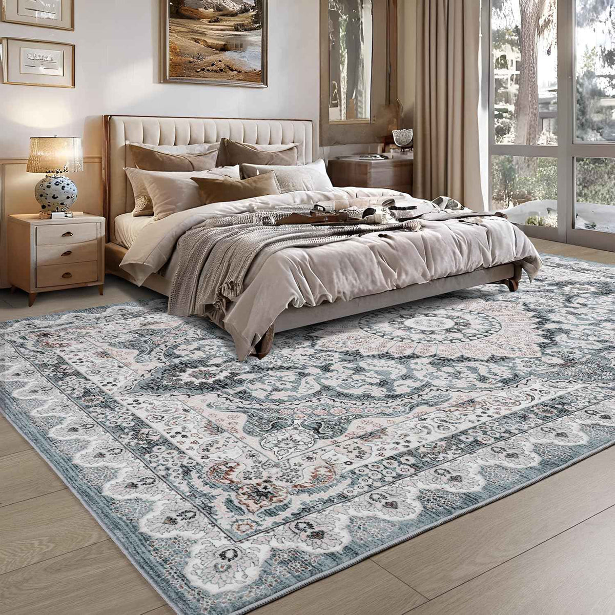 Area Rugs for Living Room, Machine Washable Vintage Rug, Non-Slip Low Pile Throw Rugs with Rubber Backing Washable Carpet