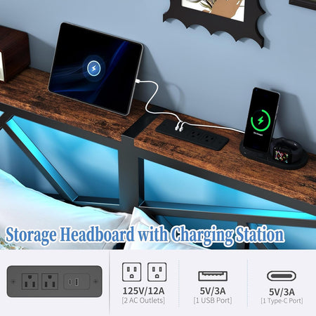 Full Size Metal Bed Frame with LED Lights, Storage Headboard with Charging Station, Modern Full Platform Bed with Heavy