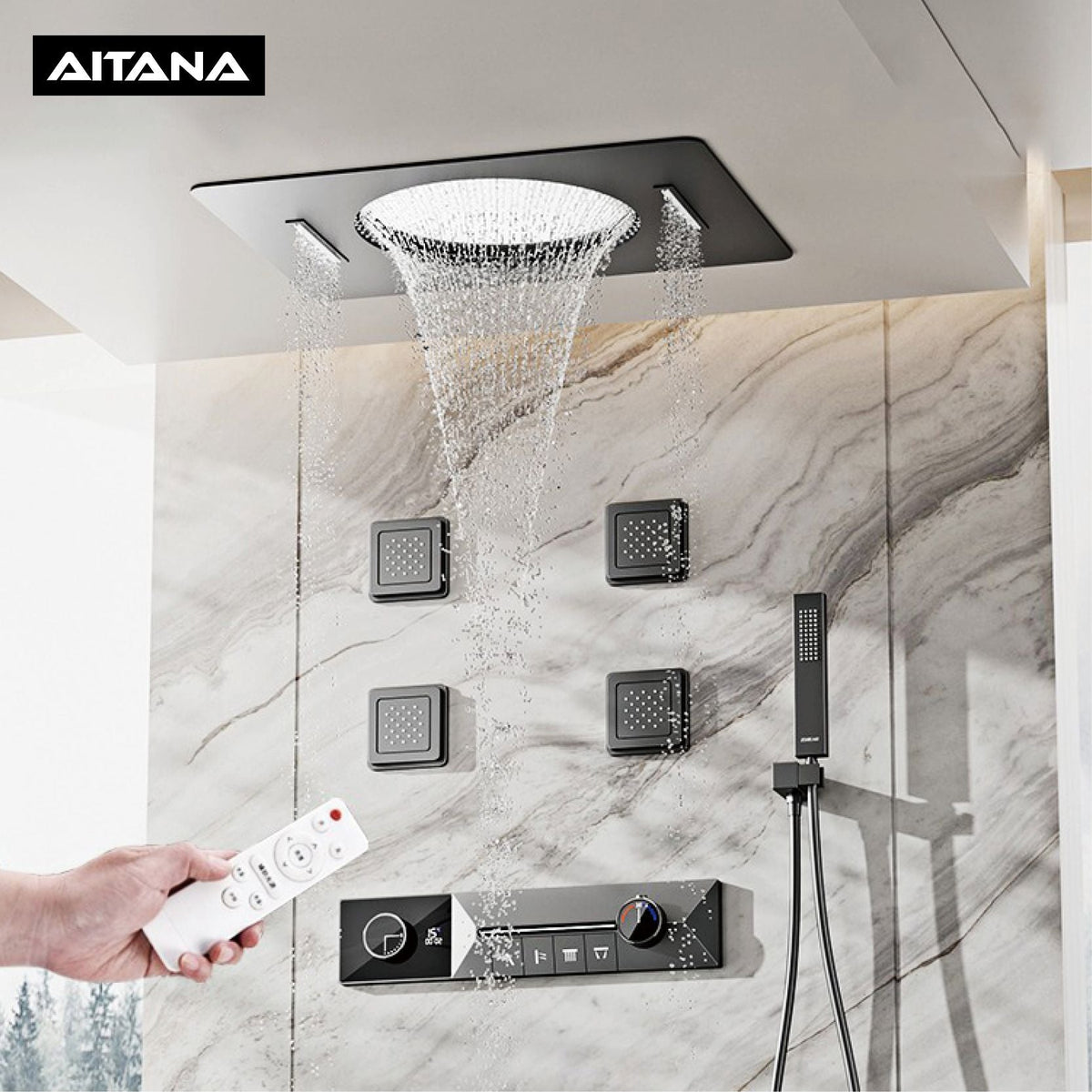 AITANA luxury brass gun gray ceiling constant temperature shower system embedded LED digital display bathroom hot&cold water Tap