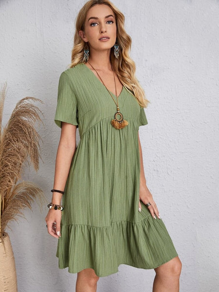 Women Elegant Short Sleeve V Neck Ruffles Dress Summer Casual Solid Loose Mini Dress Chic Bohemian Sundress Beach Party Vestidos