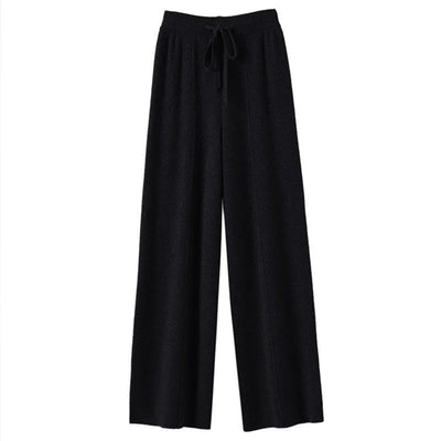 High Waist Wide Leg Pants Mid-Seam Knitted Trousers Drawstring Waist Belted Floor-Length Pure Color Versatile Autumn Winter Casu