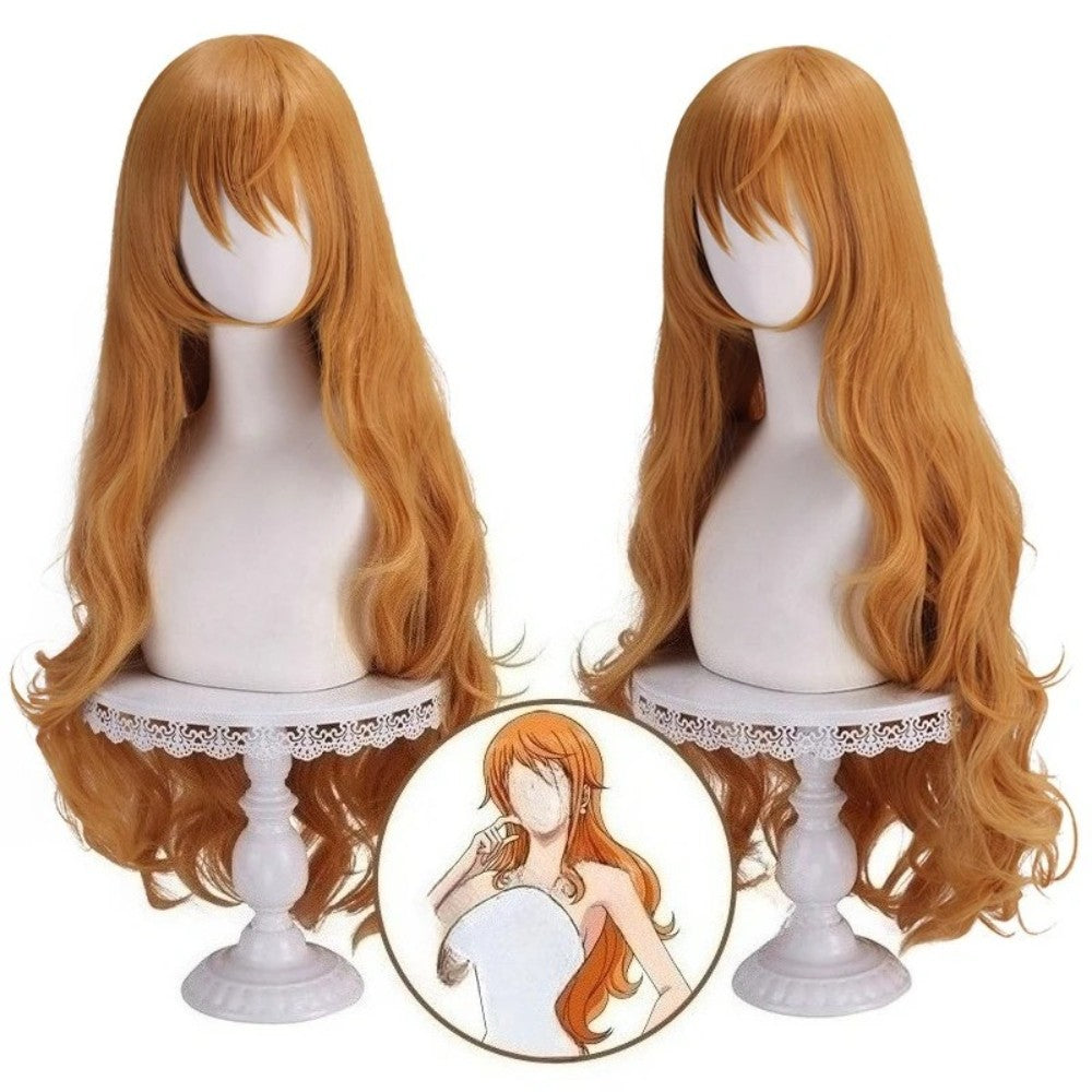 Synthetic Long Orange Wavy Cosplay Wig - Heat Resistant Anime Party Hair (Nami-Inspired Style)