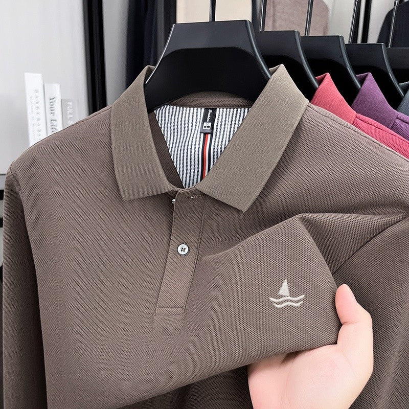 100% pure cotton spring and autumn fashionable men's collar striped long sleeved polo shirt brand sailboat embossed design casua