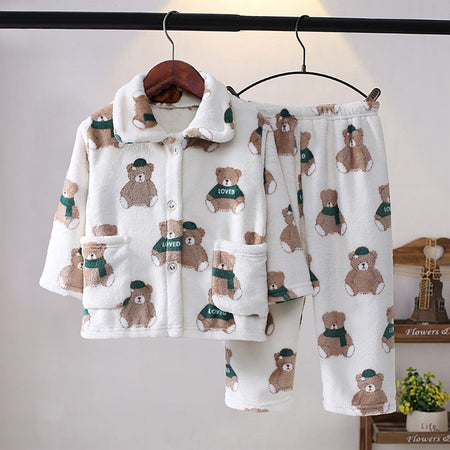 High Quality Coral Fleece Flannel Cute Cartoon Pattern Pajama Sets Boys and Girls Long Sleeve Warm Comfortable Winter Sleepwear