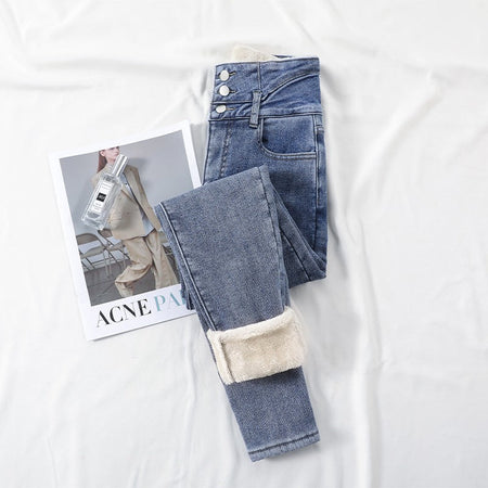 Winter Thick Velvet Women High Waist Skinny Jeans Simple Fleece Warm Slim Fit Stretch Ladies Casual Slim Denim Pencil Pants Y2K