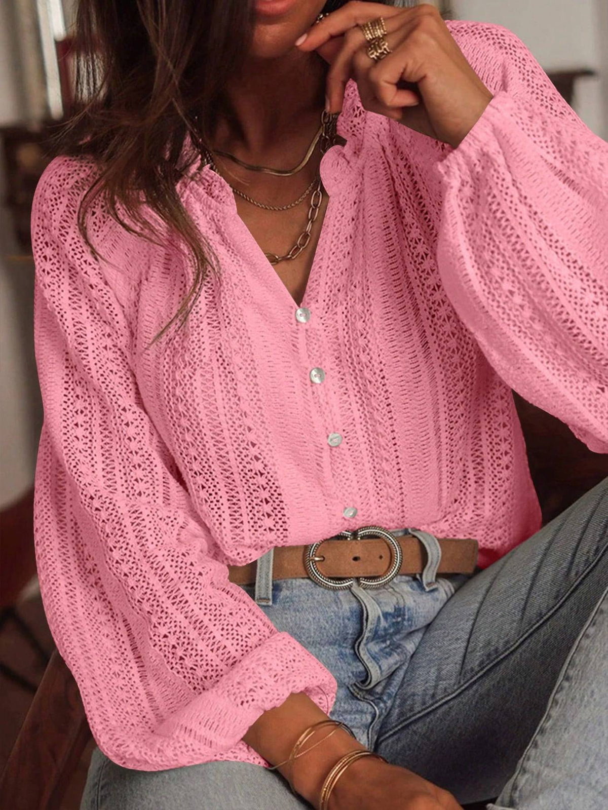 2025 Spring and Autumn Long Sleeve Women's Shirt Loose Fashion All-Match Hollow Lace V-neck Single Breaked Blouses