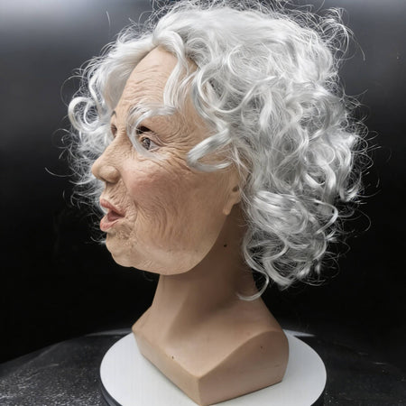 Realistic Old Woman Latex Mask with White Curly Hair, Full Head Elderly Grandma Mask for Halloween Cosplay, Horror Costume Party