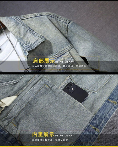 Men's casual denim jacket for spring and fall, metallic single-breasted denim jacket size M-5XL