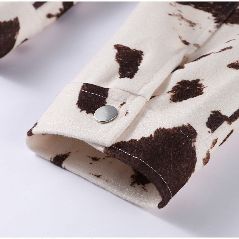 Fashion Women's Cow Print Jacket Lapel Collar Short Length Zipper Button Coats 2025 Autumn Winter Female Trendy Warm Outerwear