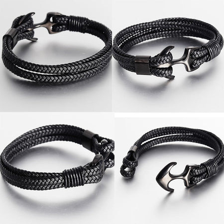 Punk Stainless Steel Anchor Bracelets Genuine Leather Bracelet & Bangles for Men Jewelry Black Color Fashion Gift
