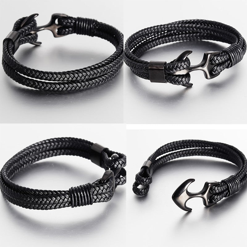 Punk Stainless Steel Anchor Bracelets Genuine Leather Bracelet & Bangles for Men Jewelry Black Color Fashion Gift