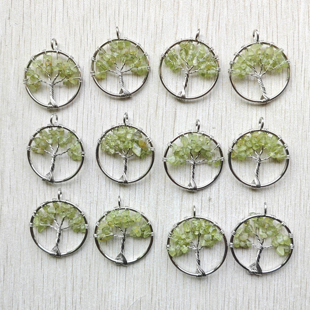 Natural Amethysts Roses Quartz Stone Handmade Wire Wrapped Tree of Life Pendants 30mm for Jewelry Marking Wholesale 12pcs/lot