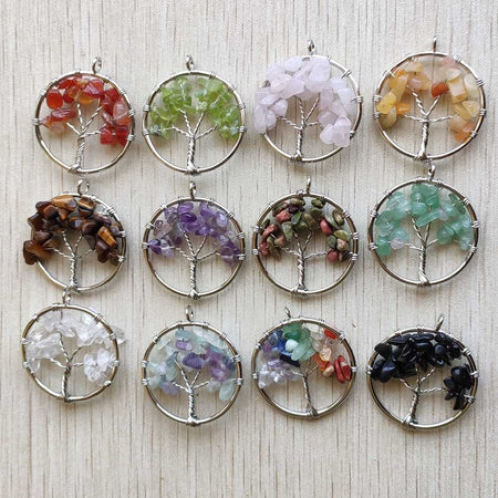 Natural Amethysts Roses Quartz Stone Handmade Wire Wrapped Tree of Life Pendants 30mm for Jewelry Marking Wholesale 12pcs/lot