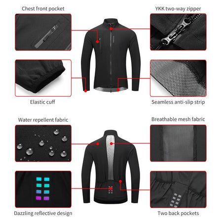 WOSAWE Mens Cycling Windproof Jacket Ultralight Windbreaker MTB Road Bike Vest Water Resistant Long Jersey with 2 way YKK zipper