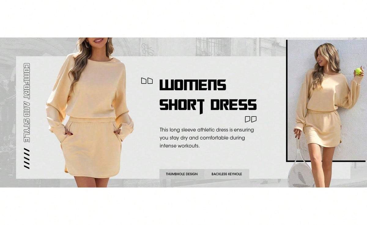 Sexy Women Long Sleeve Active Dress Mid-Calf Elastic Waist Pleated Backless Keyhole Workout Dress With Built In Shorts
