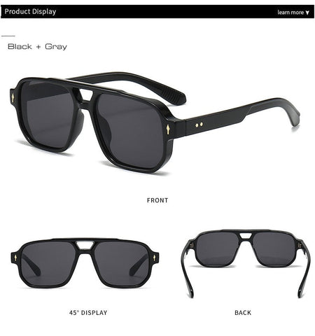 SO&EI Vintage Double Bridges Men Square Sunglasses Fashion Clear Ocean Lens Eyewear Women Trending Rivets Sun Glasses UV400