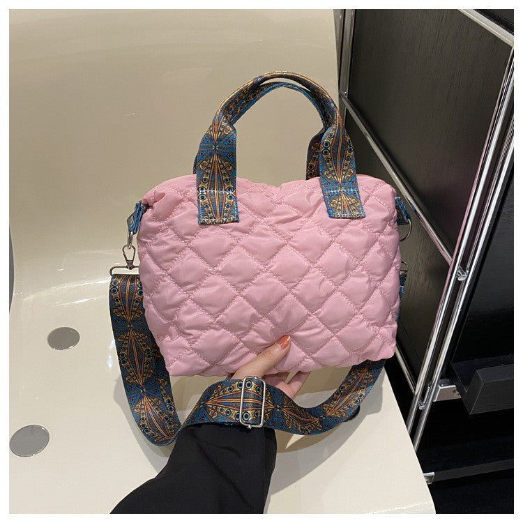 Women Wide Shoulder Belt Handbag Fall/Winter Rhombus Space Cotton Shoulder Bag Large Capacity All-Match Shopping Tote Bag