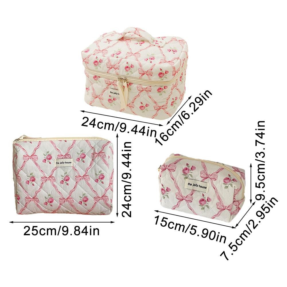 Cute Bow Flower Cloth Handbag Quilting Cotton Makeup Bag Women Zipper Cosmetic Organizer Portable Toiletry Case for Girls