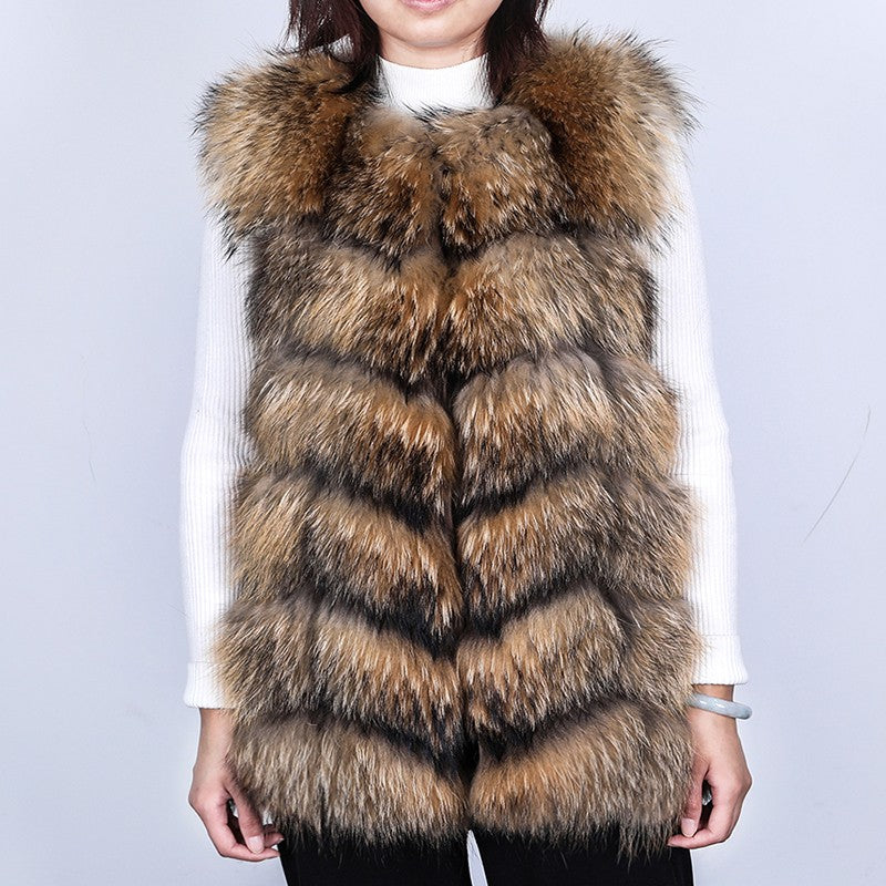 Maomaokong Natural Raccoon Real Fur Coat Ladies Waistcoat Fur Mid-length Winter Warm Real Fur Coat Luxury Women coat Top Vest