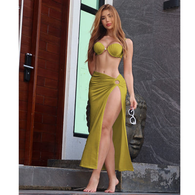 Swimsuit 3 Pcs Set with Tassel Skirt Bikini Women Swimsuit Button High Waist Swimwear Bathing Suit Beachwear Biquini